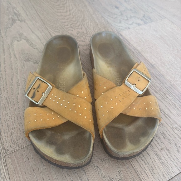 Birkenstock Siena Ochre Sandals Yellow Rivet Nubuck Slide - Picture 1 of 5